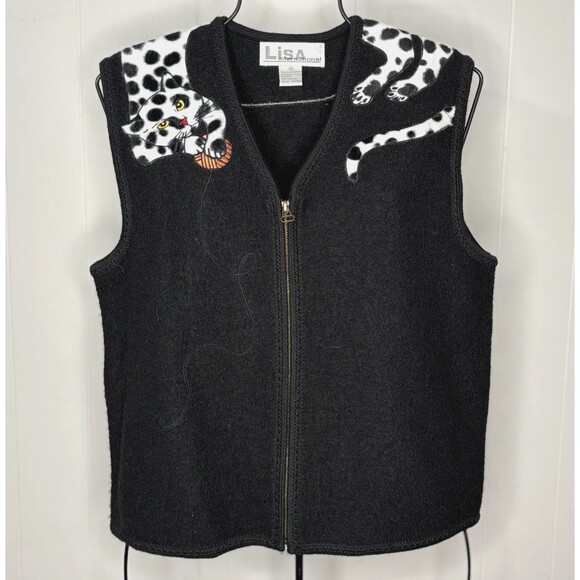 Vintage Boiled Wool Cat Kitty Vest Women's M Embroidered Lisa International - Picture 1 of 7